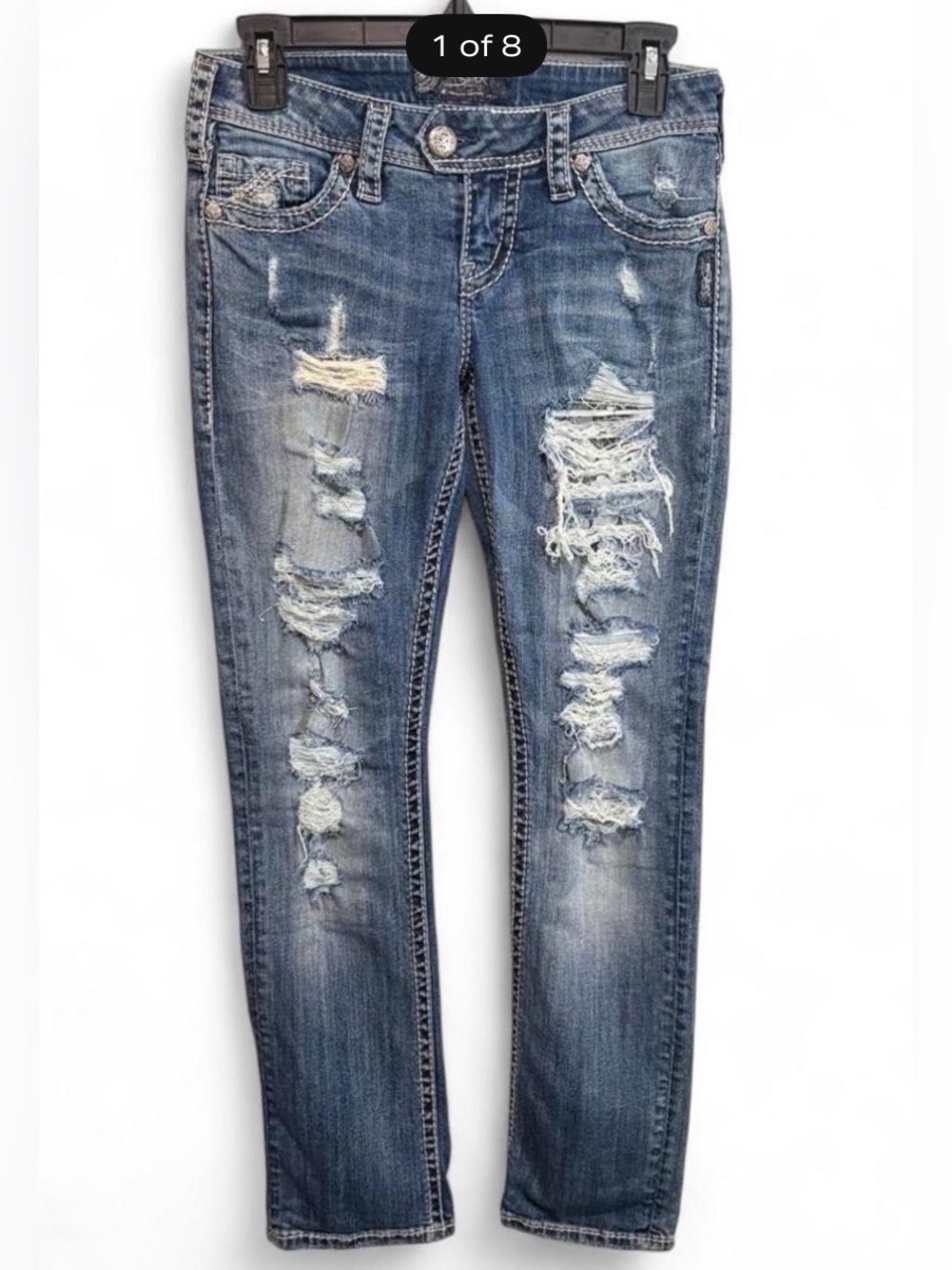 Silver Jeans Women’s Distressed w/ silver sparkled lace Skinny straight Jean